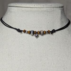 Silver Tiny Star Charm Ceramic Beaded Brown White Boho Hippie Choker Necklace